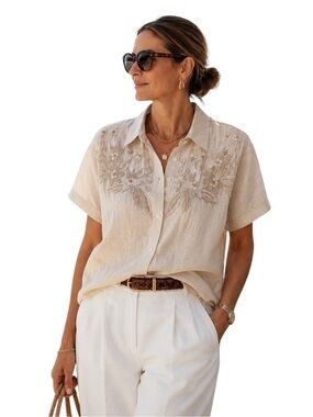 Vintage Raime Floral Embroidered Resort Blouse Medium Coastal Quiet Luxury Top